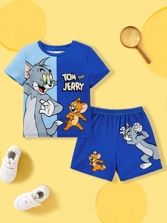Young Boy 2pcs/Set Casual Cartoon Graphic Color Block Short Sleeve T-Shirt & Shorts Blue