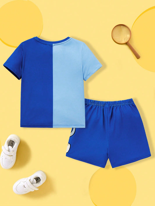 Young Boy 2pcs/Set Casual Cartoon Graphic Color Block Short Sleeve T-Shirt & Shorts