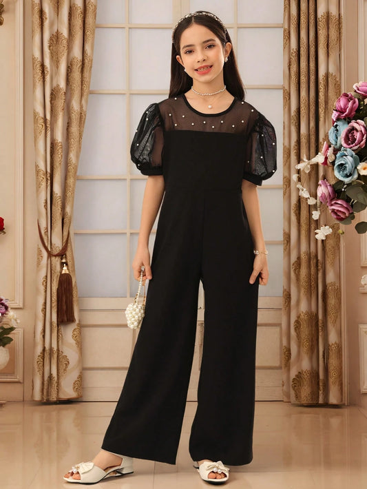 Tween Girl) Elegant Party Formal Pearl Mesh Patchwork Jumpsuit Black