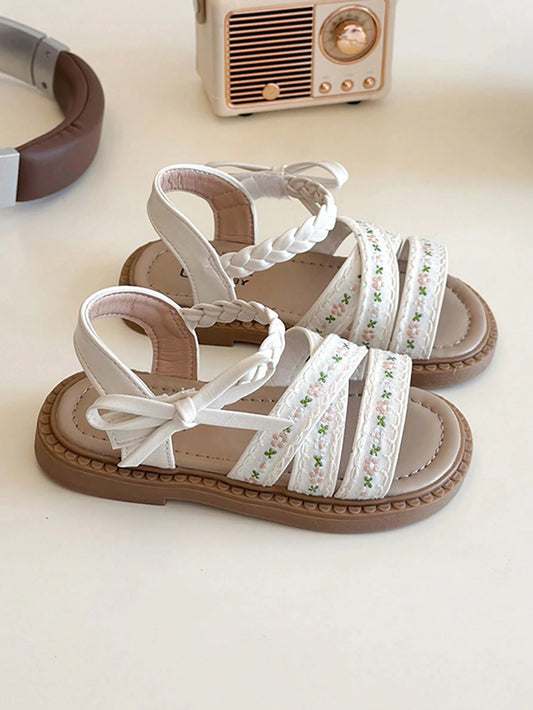 1 Pair Children's Fashionable Resort Beach Princess Bow Tie Sandals Beige