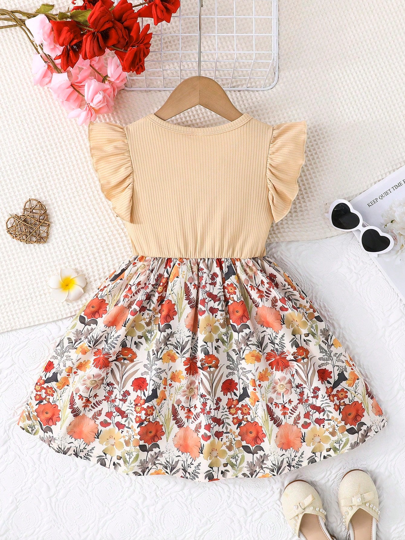 Young Girl Sweet Ruffled Sleeve Round Neck Bow Tied Floral Jungle Print Casual Dress