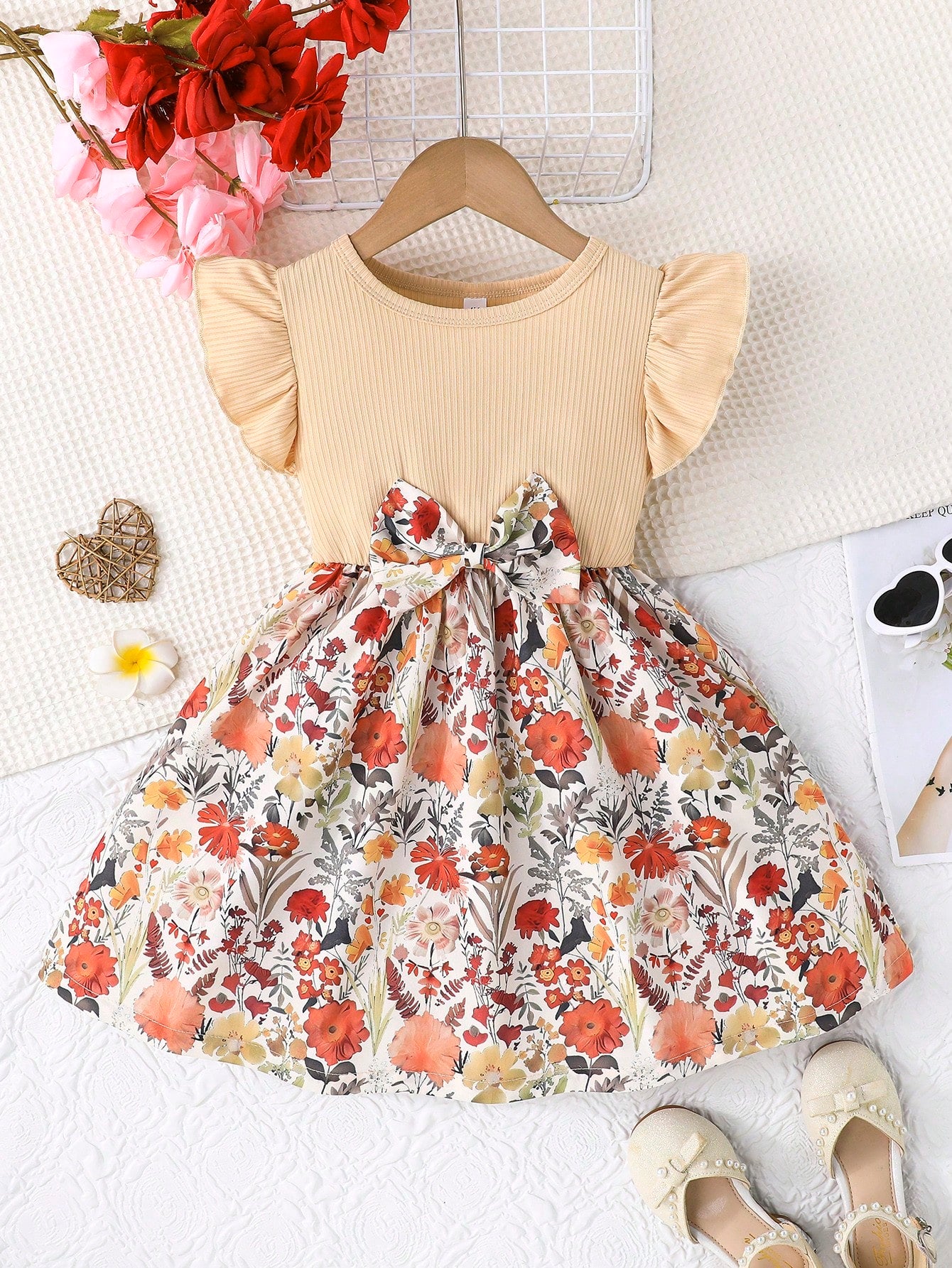 Young Girl Sweet Ruffled Sleeve Round Neck Bow Tied Floral Jungle Print Casual Dress Multicolor 2