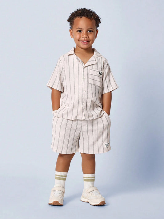 Young Boys Comfy Textured Stripe Shirt Set Beige