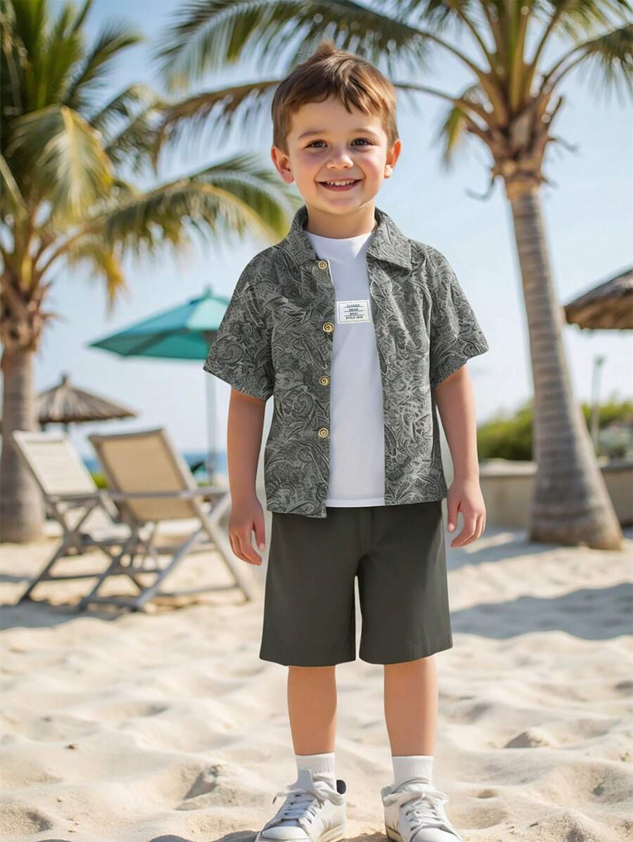 Young Boys Letter EmbroideryT ank Top + Paisley Flower Print Shirt + Shorts