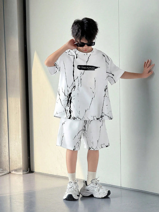 Tween Boy Casual Letter Print Short Sleeve T-Shirt And Shorts Set White