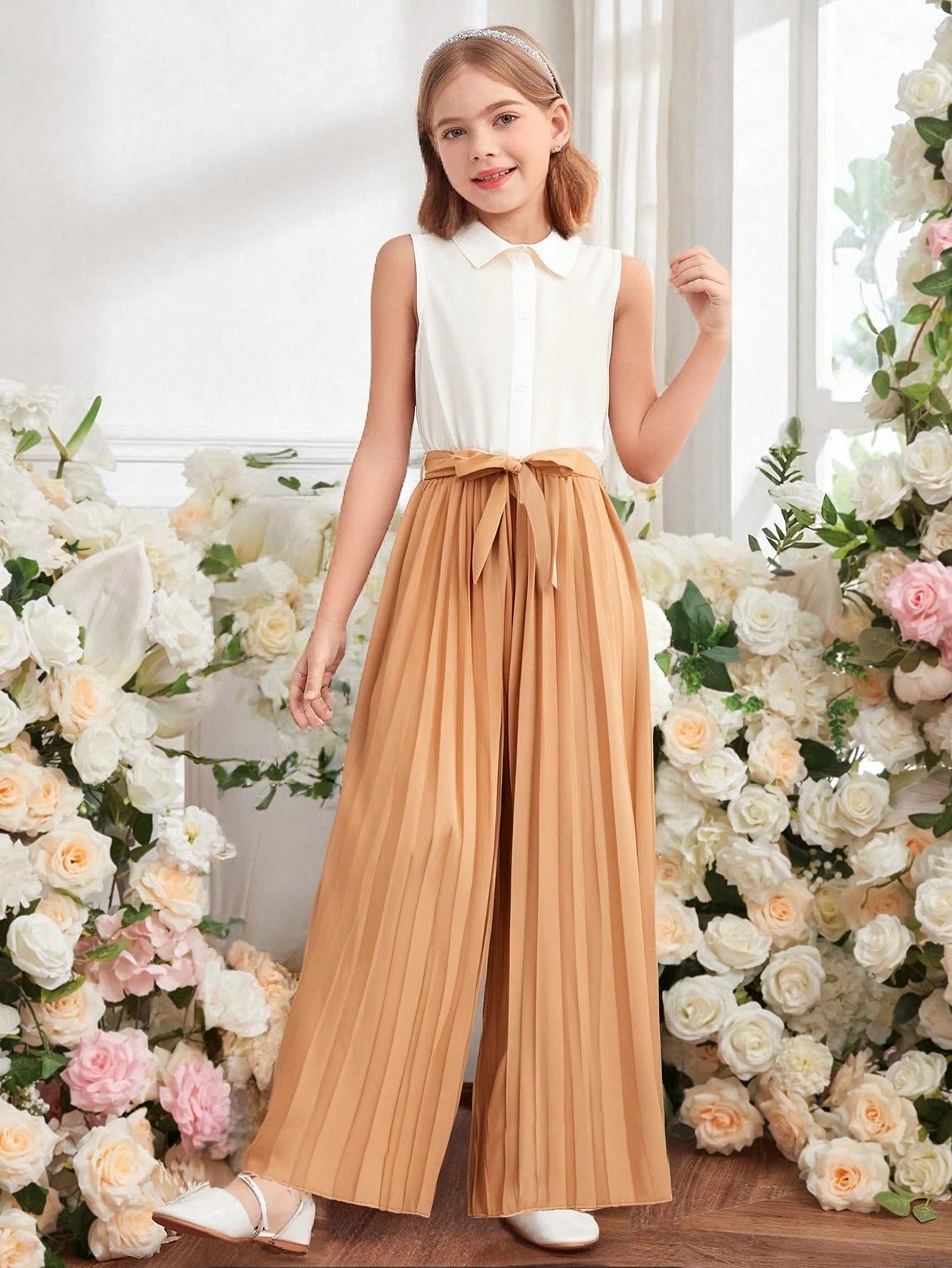 Tween Girls Beige Patchwork Contrast Khaki Long Pleated Waist Belt Sleeveless Lapel Romper Multicolor