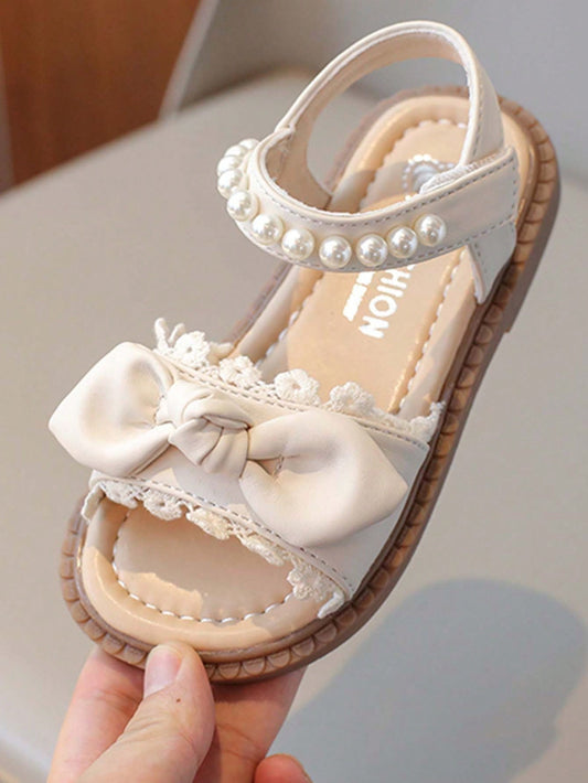 1 Pair Girls Fashion Pearl Decorated Soft Bottom Sandals Beige