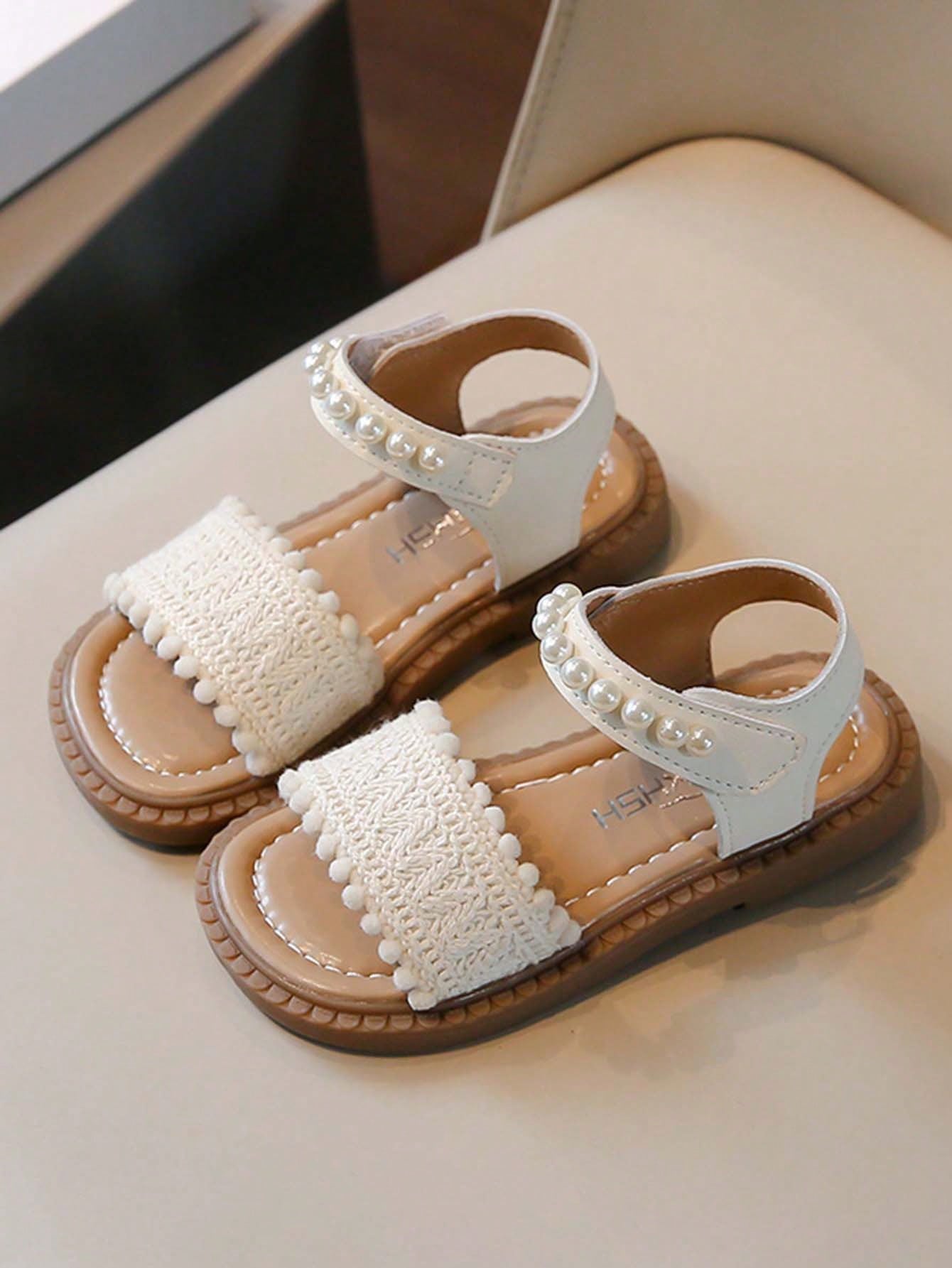 1 Pair Girls Fashion Pearl Decorated Soft Bottom Sandals Beige 2