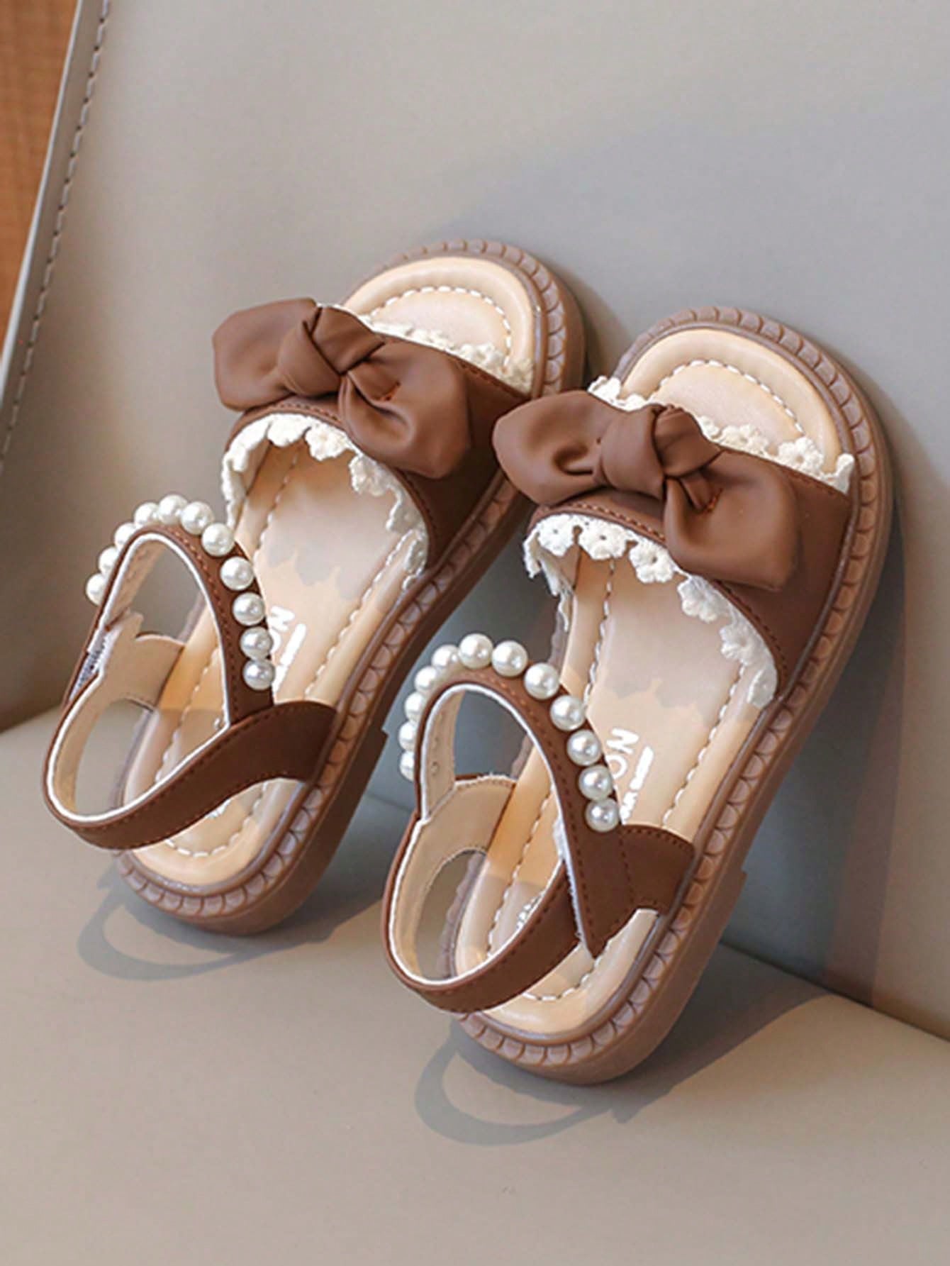 1 Pair Girls Fashion Pearl Decorated Soft Bottom Sandals Brown 2