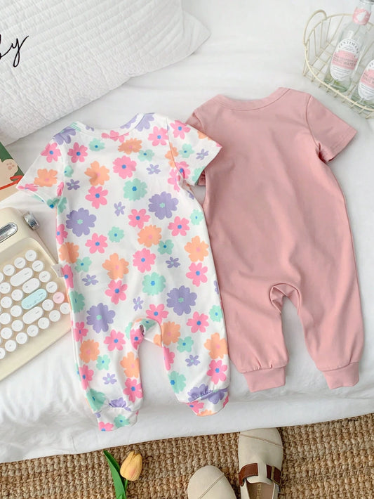 Newborn Baby Girl Cute Casual Floral Knitted Romper With Short Sleeves