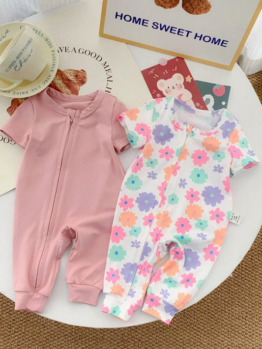 Newborn Baby Girl Cute Casual Floral Knitted Romper With Short Sleeves Multicolor