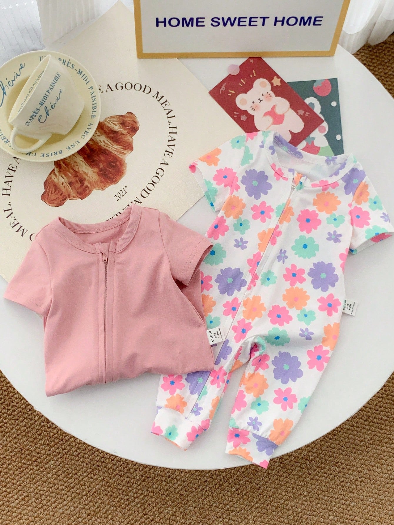 Newborn Baby Girl Cute Casual Floral Knitted Romper With Short Sleeves