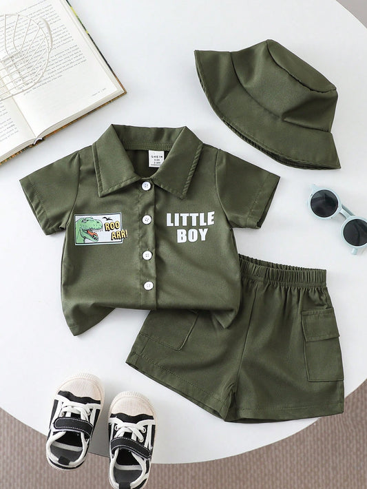 Front Open Collar Shirt With Cute Animal & Slogan Print, Pants With Pockets Army Green