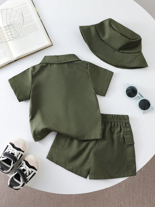 Front Open Collar Shirt With Cute Animal & Slogan Print, Pants With Pockets