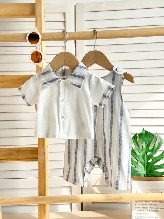 2-Piece Newborn Baby Boy Sets: White Short Sleeve Cardigan Top With Striped Collar & Bib Shorts Multicolor