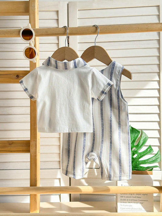 2-Piece Newborn Baby Boy Sets: White Short Sleeve Cardigan Top With Striped Collar & Bib Shorts