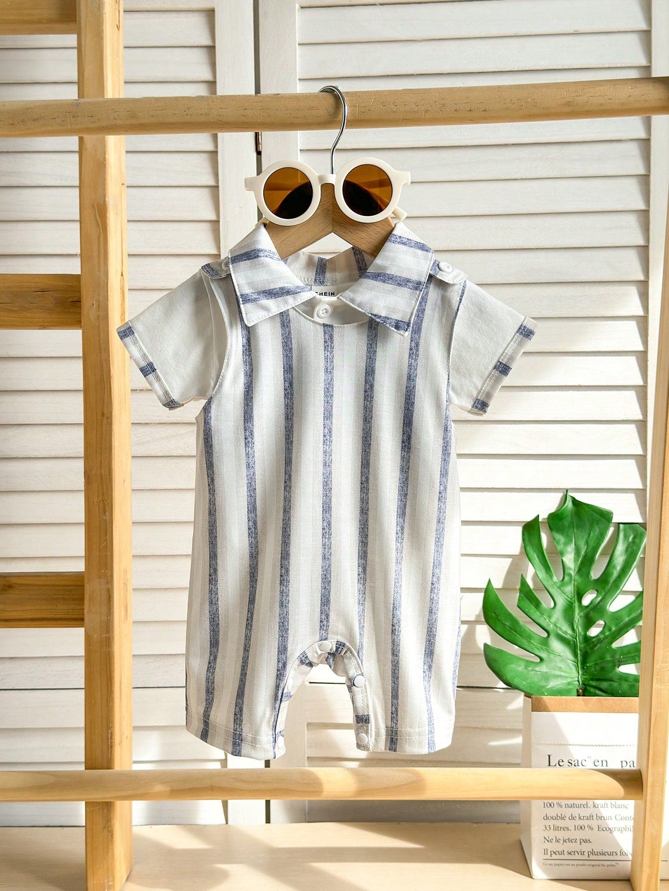 2-Piece Newborn Baby Boy Sets: White Short Sleeve Cardigan Top With Striped Collar & Bib Shorts