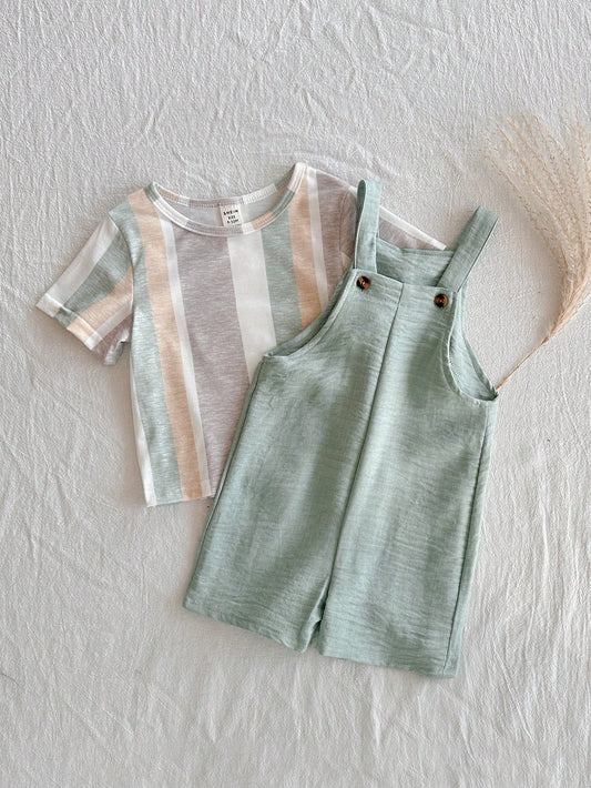 2pcs Baby Boy Casual Striped Top And Bib Pants Set Multicolor