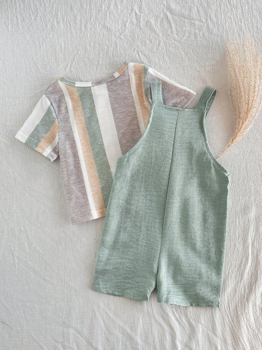 2pcs Baby Boy Casual Striped Top And Bib Pants Set
