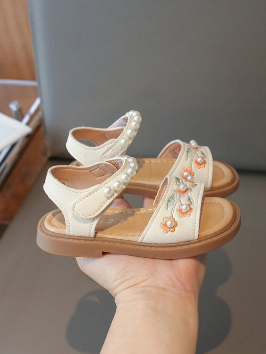 1 Pair Fashionable Minimalist Pearl Flower Hook And Loop Girls Flat Sandals