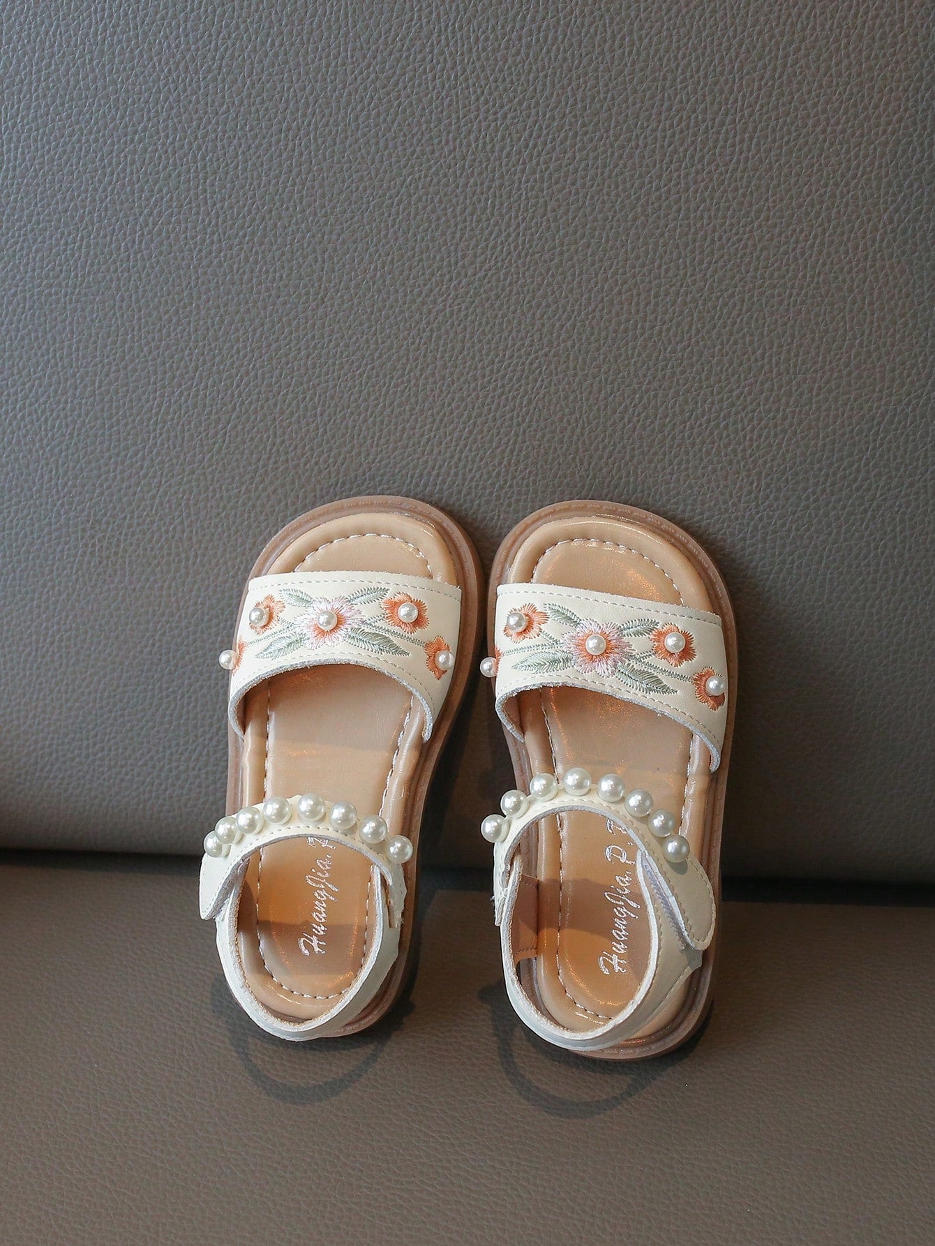 1 Pair Fashionable Minimalist Pearl Flower Hook And Loop Girls Flat Sandals