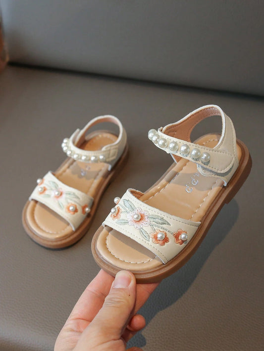 1 Pair Fashionable Minimalist Pearl Flower Hook And Loop Girls Flat Sandals Beige