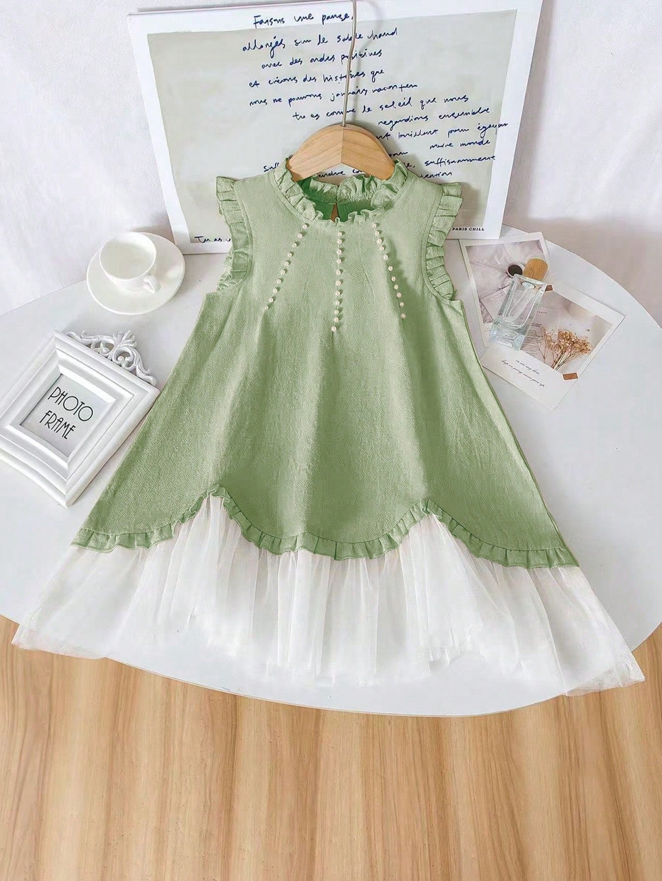 Young Girl Ruffle Trim White Mesh Dress Green