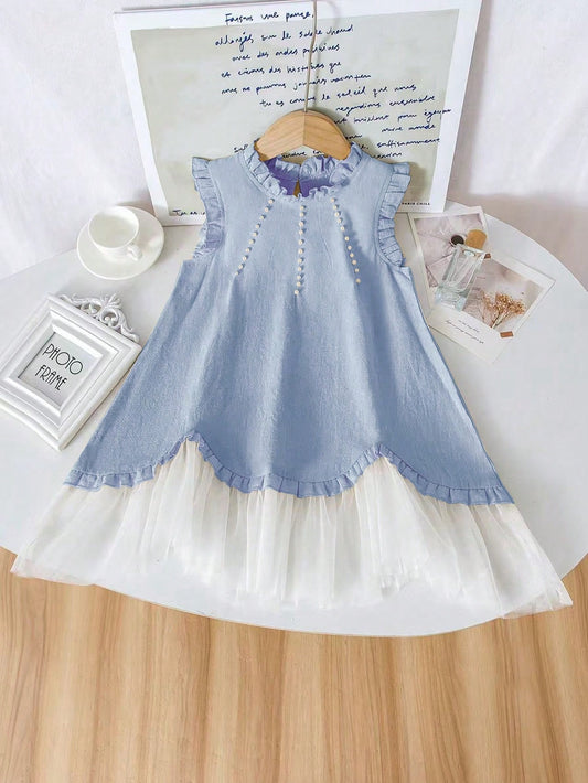 Young Girl Ruffle Trim White Mesh Dress Blue
