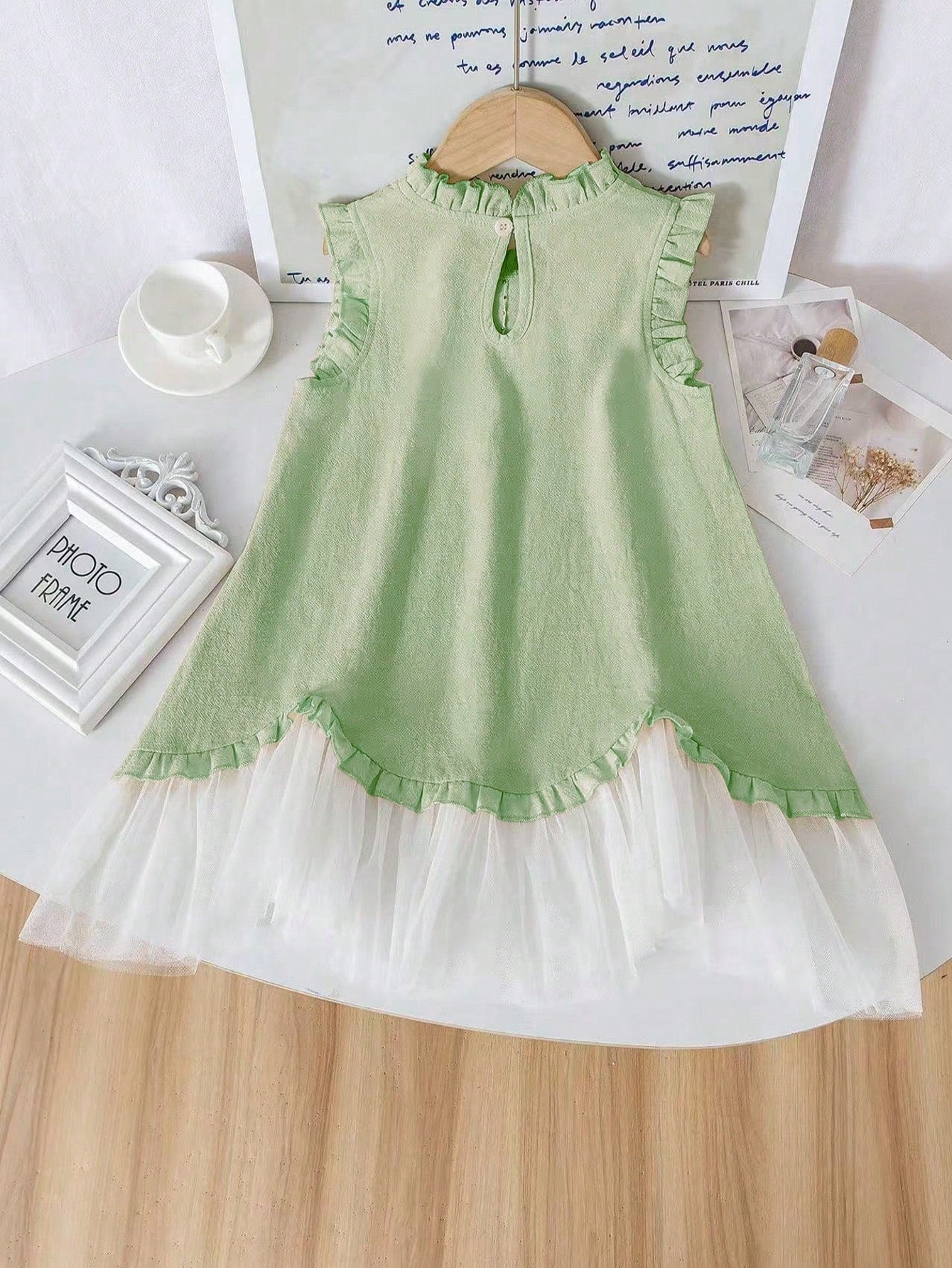 Young Girl Ruffle Trim White Mesh Dress