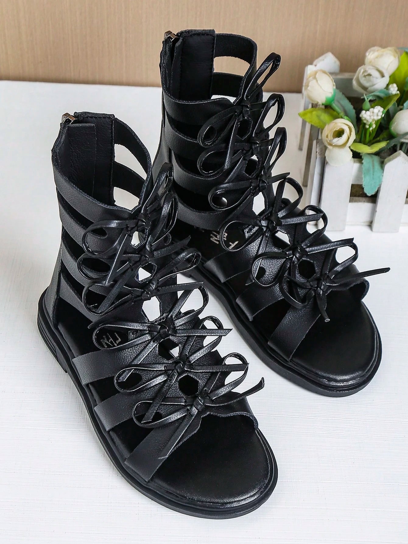 Children's Hollow Out Bow Tie Zipper High Top Flat Roman Sandals