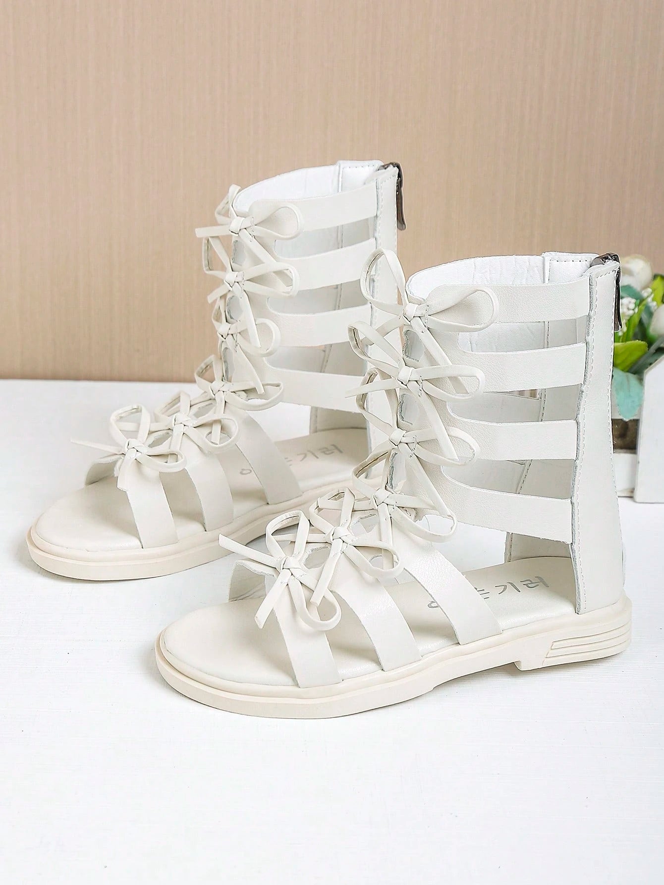 Children's Hollow Out Bow Tie Zipper High Top Flat Roman Sandals White