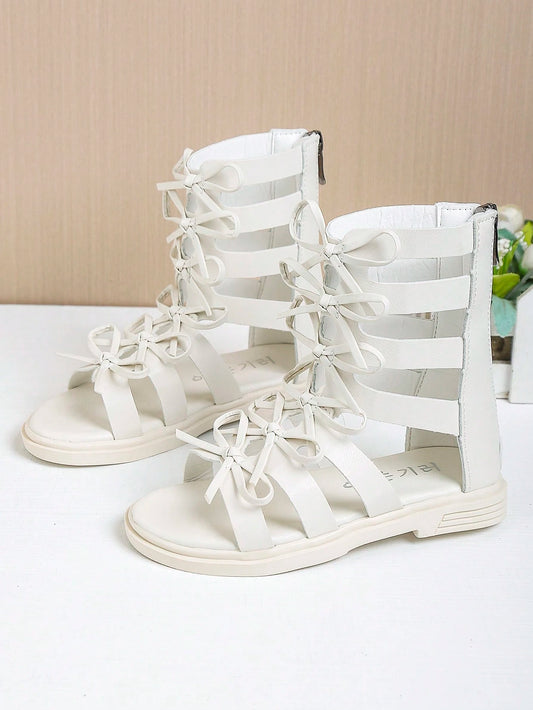 Children's Hollow Out Bow Tie Zipper High Top Flat Roman Sandals White