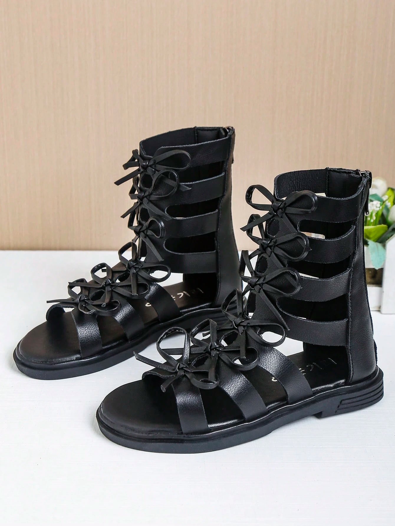 Children's Hollow Out Bow Tie Zipper High Top Flat Roman Sandals Black