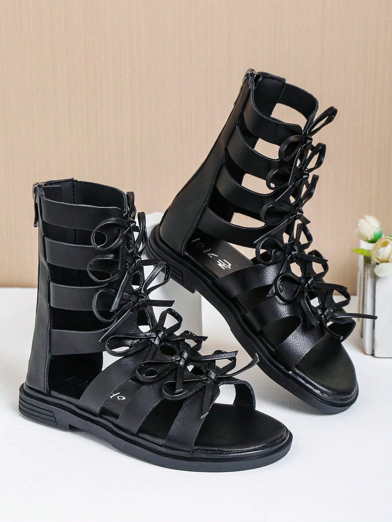 Children's Hollow Out Bow Tie Zipper High Top Flat Roman Sandals