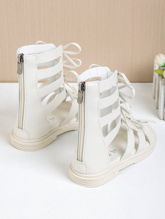 Children's Hollow Out Bow Tie Zipper High Top Flat Roman Sandals