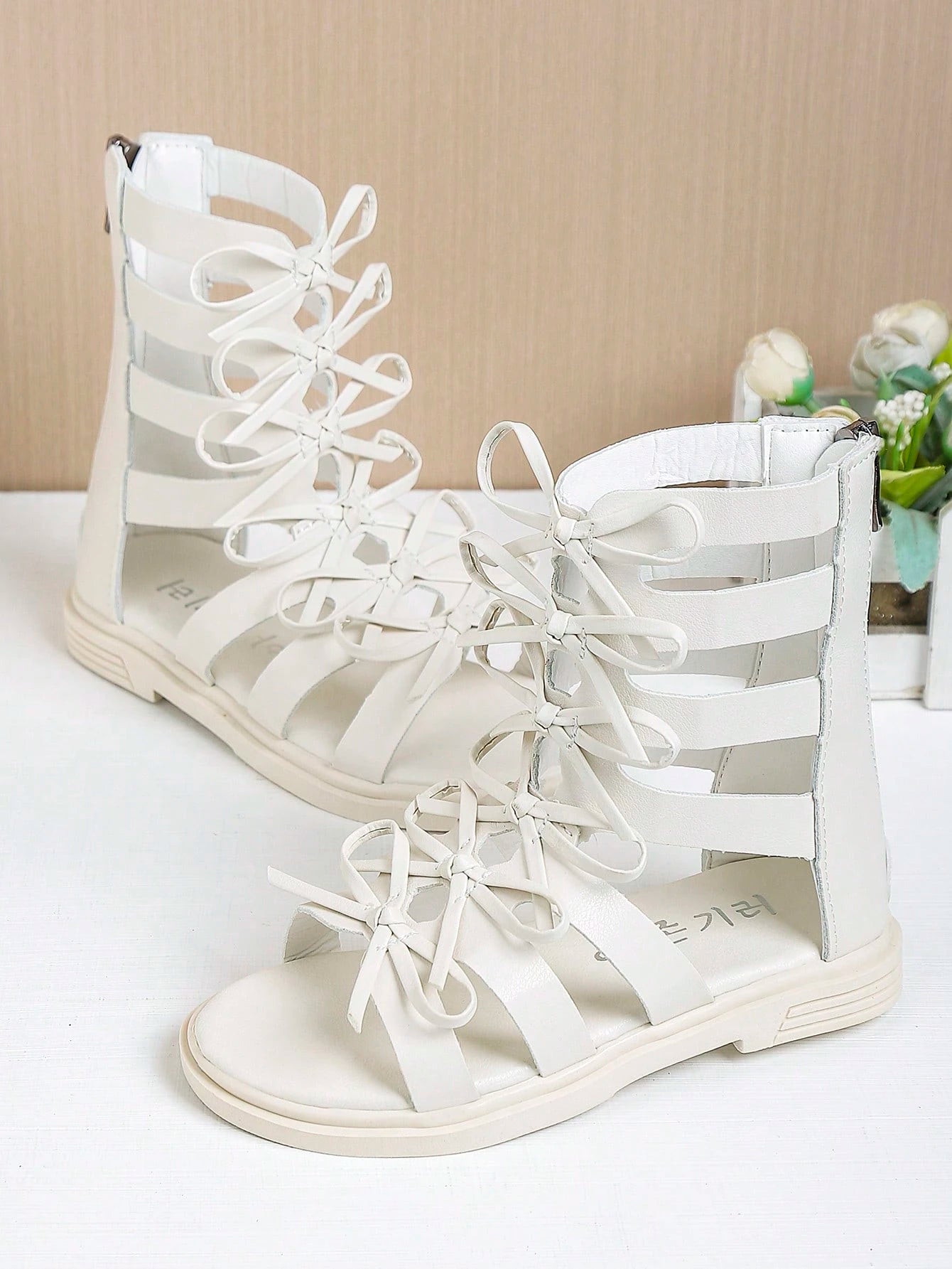 Children's Hollow Out Bow Tie Zipper High Top Flat Roman Sandals