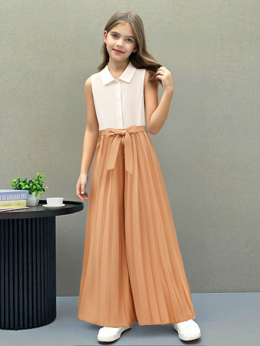 Tween Girls Beige Patchwork Contrast Khaki Long Pleated Waist Belt Sleeveless Lapel Romper