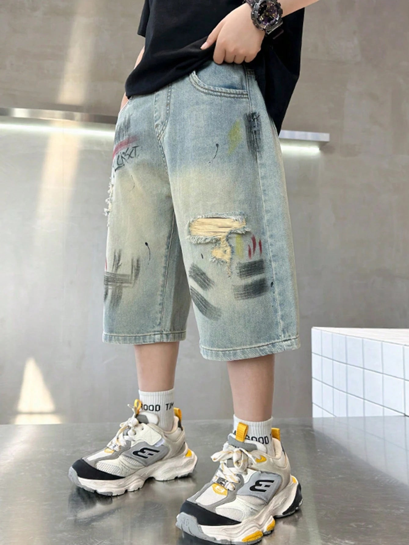 Tween Boys' Letter Print Pocket Ripped Denim Shorts