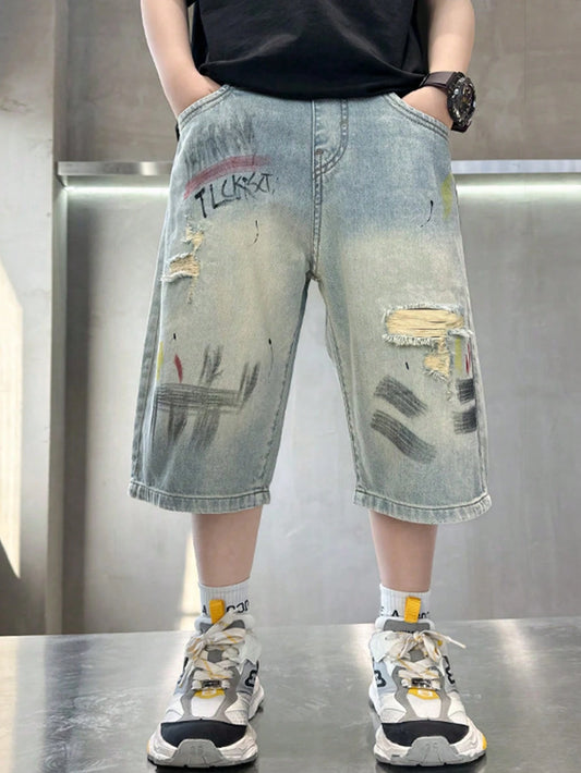 Tween Boys' Letter Print Pocket Ripped Denim Shorts Blue