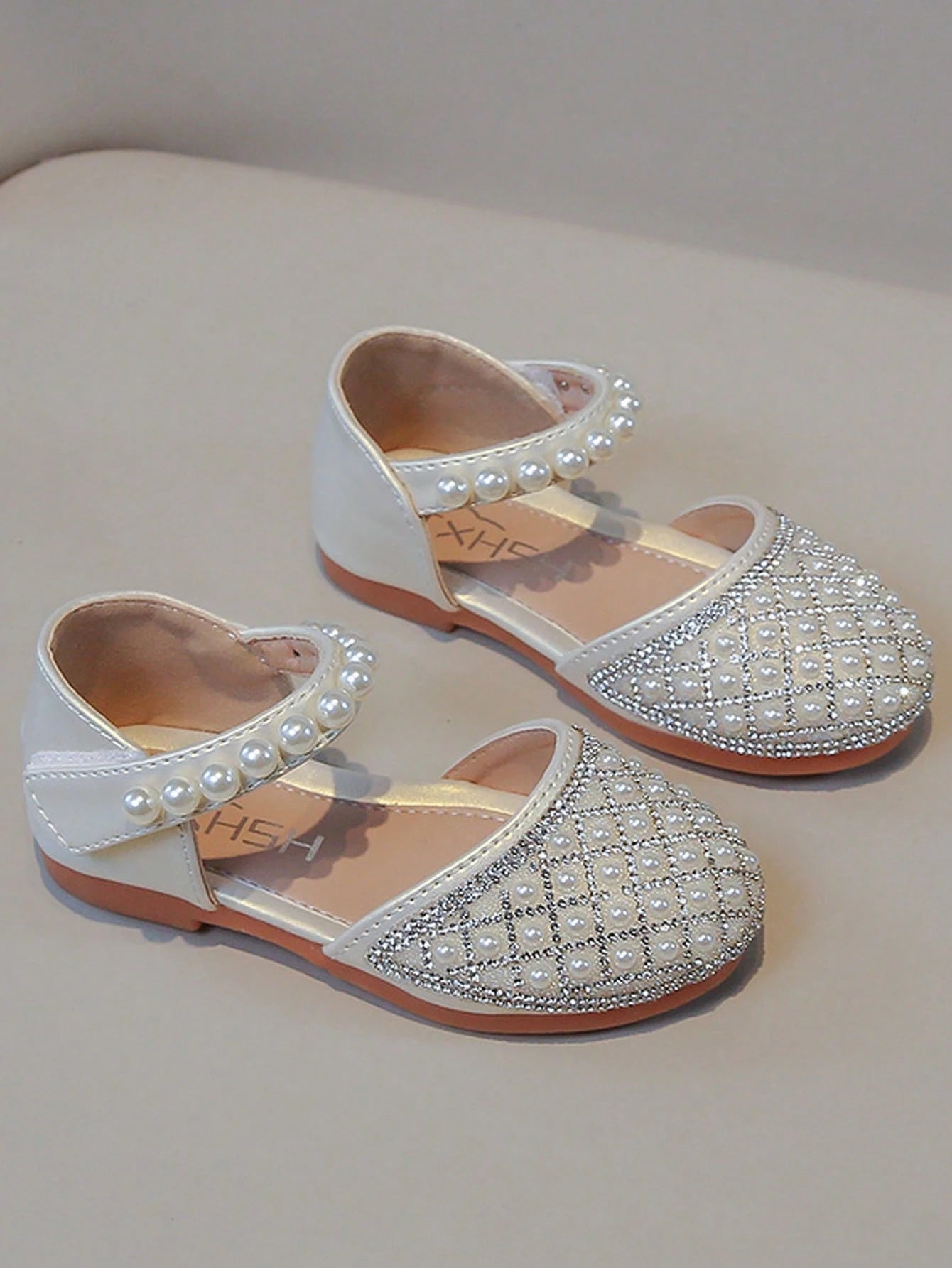 Fashion Pearl & Rhinestone Princess Shoes Beige
