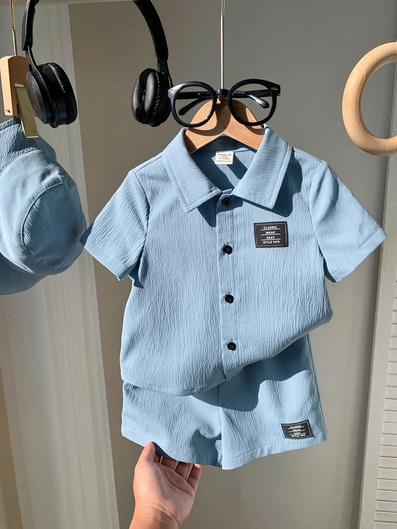 3pcs Set: Decorated Polo Collar Short Sleeve Cardigan, Elastic Waist Shorts, And Hat
