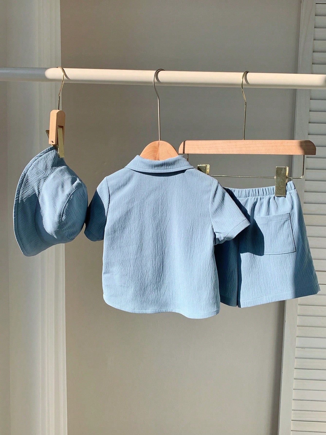 3pcs Set: Decorated Polo Collar Short Sleeve Cardigan, Elastic Waist Shorts, And Hat
