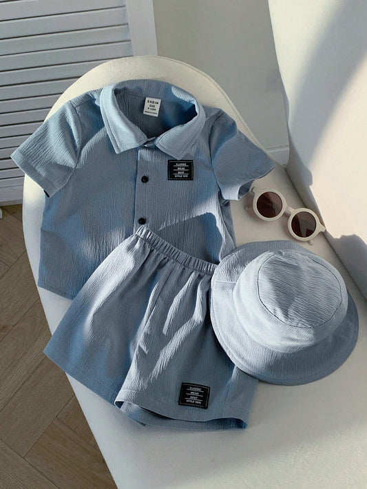 3pcs Set: Decorated Polo Collar Short Sleeve Cardigan, Elastic Waist Shorts, And Hat Dusty Blue