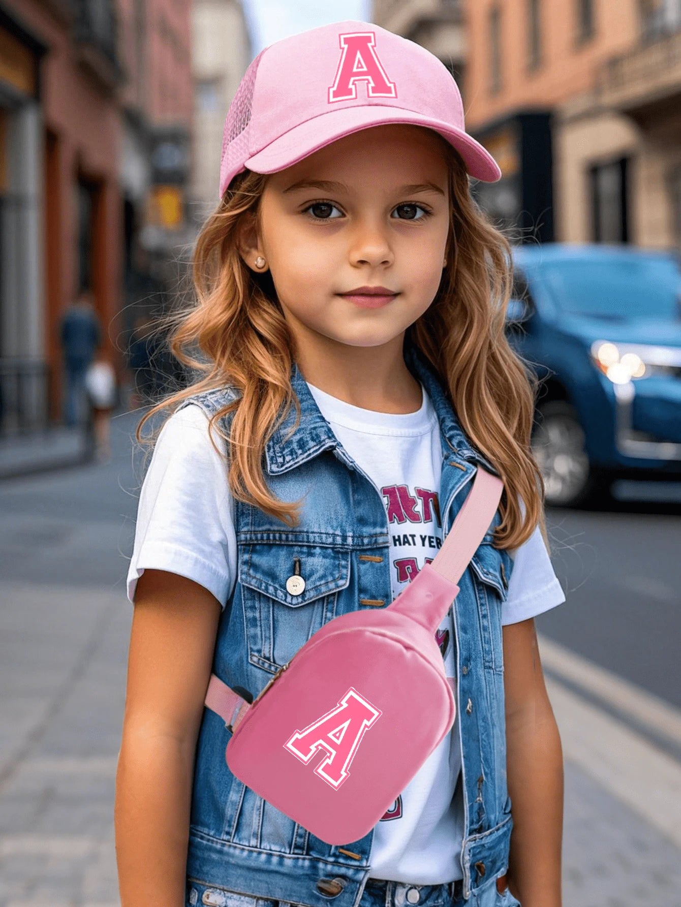2pcs/Set Kids 26 Letters Printed Truck Driver Hat And Chest Bag Set Pink