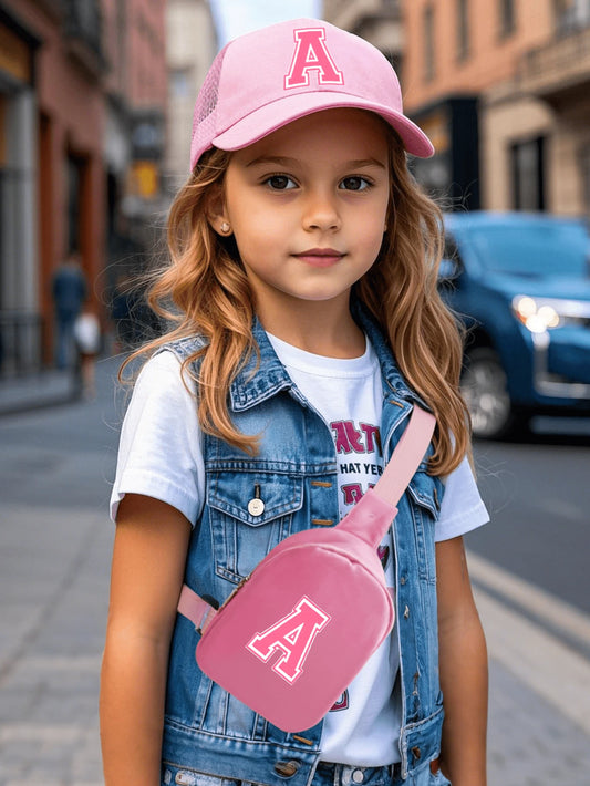2pcs/Set Kids 26 Letters Printed Truck Driver Hat And Chest Bag Set Pink
