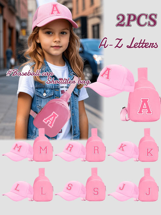 2pcs/Set Kids 26 Letters Printed Truck Driver Hat And Chest Bag Set
