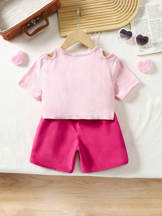 2pcs/Set Young Girl Heart Print Cutout Shoulder Short Sleeve Top And Shorts