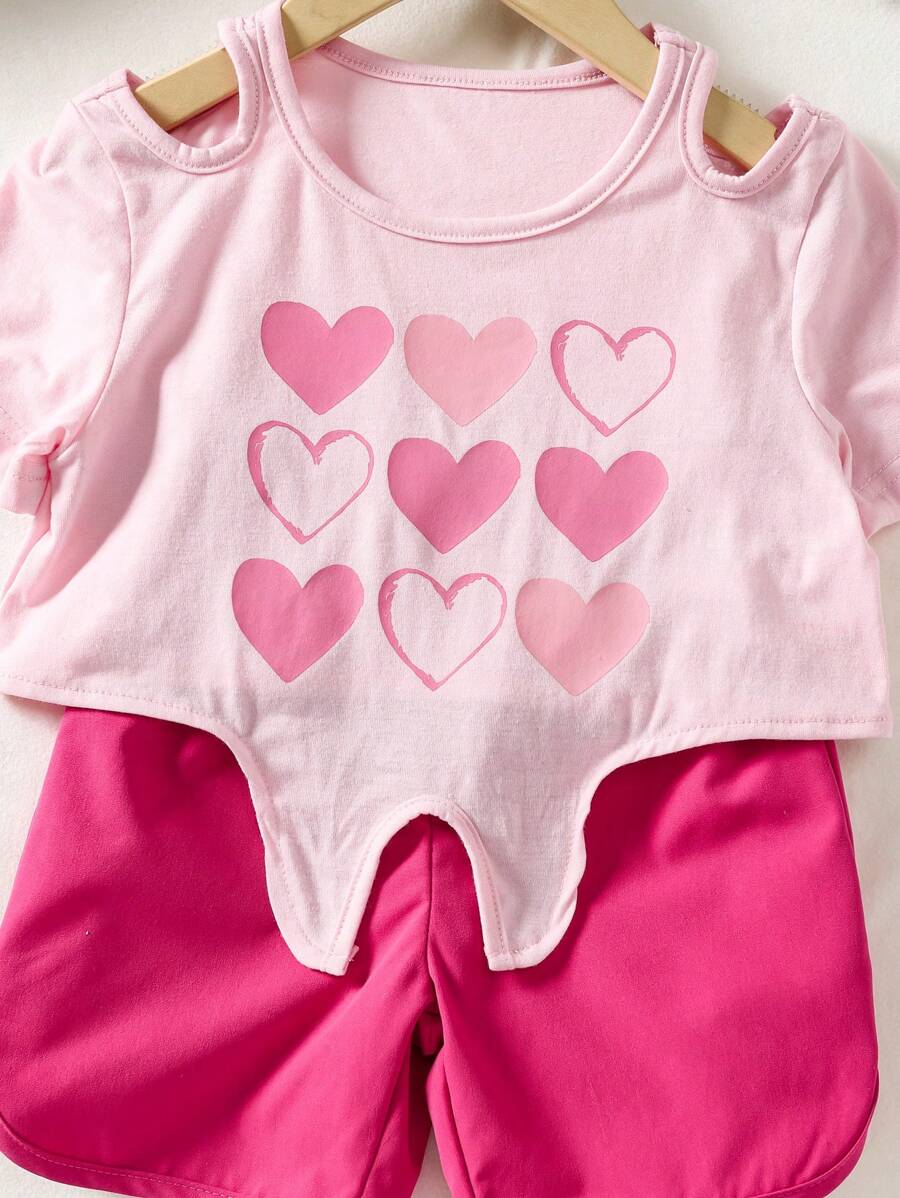 2pcs/Set Young Girl Heart Print Cutout Shoulder Short Sleeve Top And Shorts