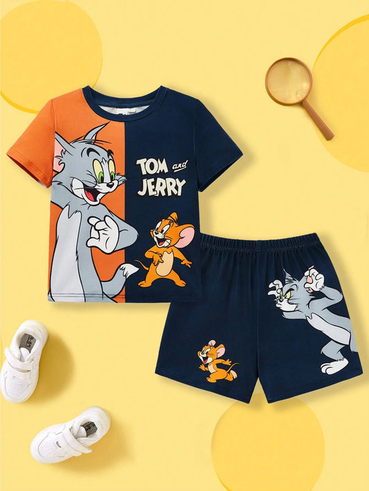 Young Boys Cartoon Animal Print Colorblock Casual Short Sleeve T-Shirt And Shorts Royal Blue