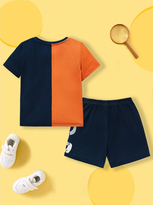 Young Boys Cartoon Animal Print Colorblock Casual Short Sleeve T-Shirt And Shorts